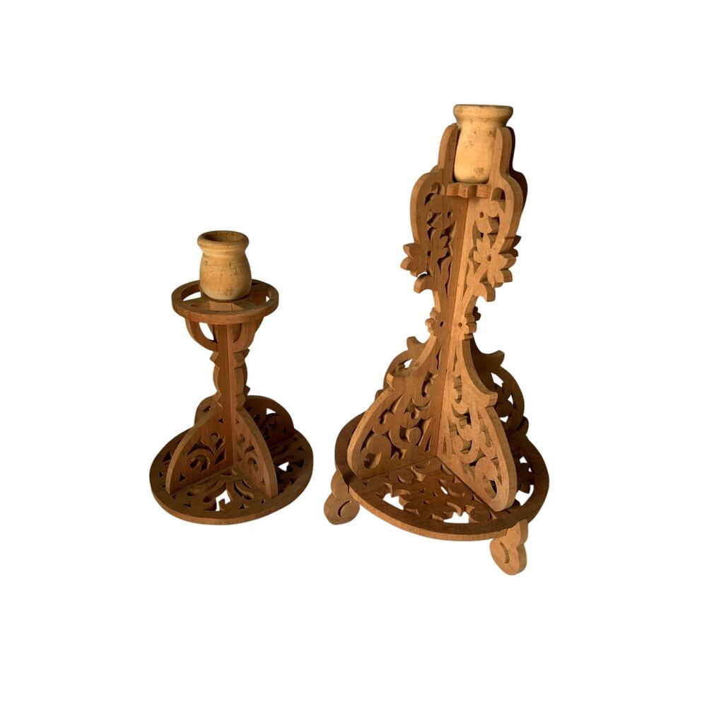 Vintage Pair Of Handmade Laser Cutout Wood Candle Holders 11" tall 7" Tall